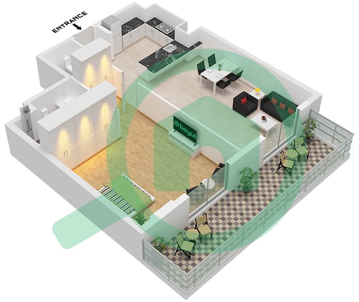 Taraf 1 Residence - 1 Bedroom Apartment Type O Floor plan Type O interactive3D