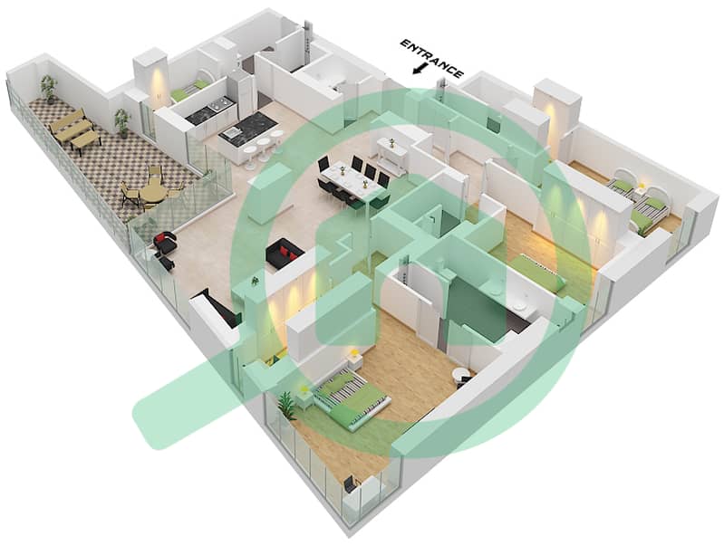 المخططات الطابقية لتصميم النموذج / الوحدة B / 15 شقة 3 غرف نوم - بلغاري ريزيدنس 6 Type B Unit 15 Block 2,4,6 interactive3D