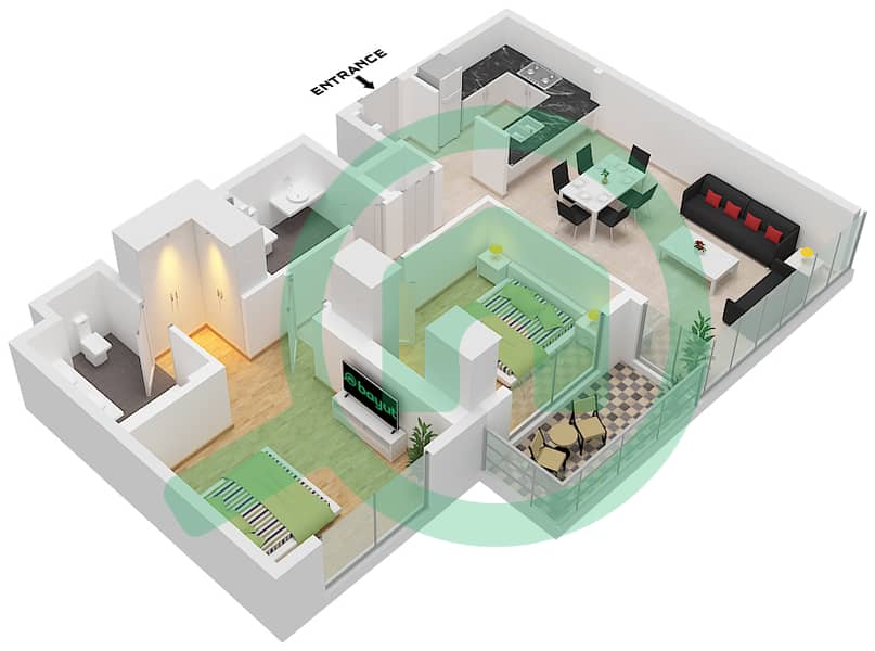المخططات الطابقية لتصميم الوحدة 3,6-7 FLOOR 2-16,18-36 شقة 2 غرفة نوم - برج كريك رايز 1 Unit 03, 08 Floor 2-16
Unit 07 Floor 18-36 interactive3D