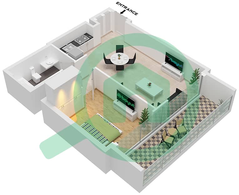 溪畔2号大厦 - 1 卧室公寓单位5 FLOOR 2-16戶型图 Unit 5 Floor 2-16 interactive3D