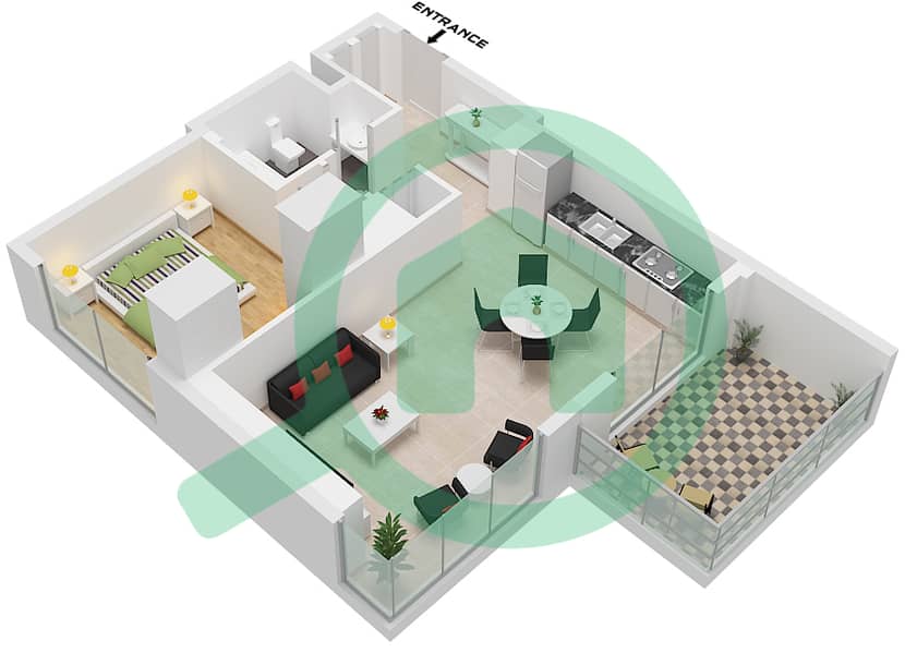 المخططات الطابقية لتصميم الوحدة 6 FLOOR 2-16 شقة 1 غرفة نوم - برج كريك رايز 1 Unit 6 Floor 2-16 interactive3D
