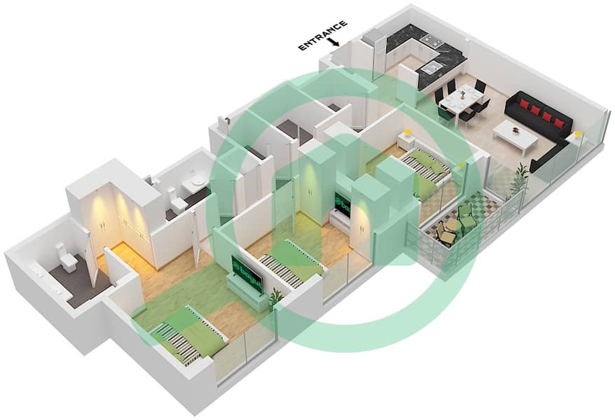 Крик Райз 1 Тауэр - Апартамент 3 Cпальни планировка Единица измерения 3 FLOOR 18-36 Unit 3 Floor 18-36 interactive3D