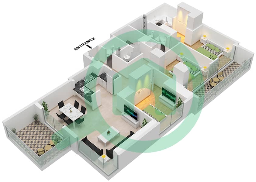 المخططات الطابقية لتصميم الوحدة 4 FLOOR 18-36 شقة 3 غرف نوم - برج كريك رايز 1 Unit 4 Floor 18-36 interactive3D