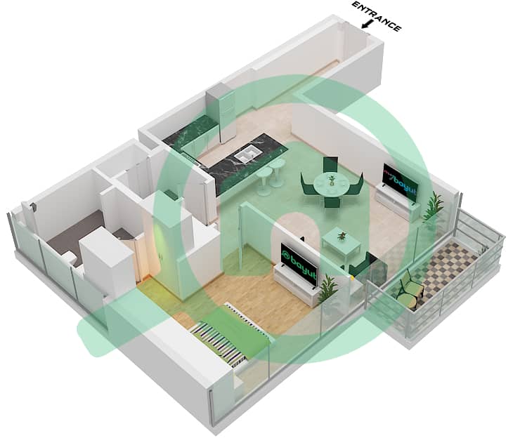 المخططات الطابقية لتصميم النموذج / الوحدة A / 1 FLOOR PODIUM, 1-16 شقة 1 غرفة نوم - البيت العلوي الغربي Type A Unit 1 Floor Podium 2-5 Floor 1-16 interactive3D