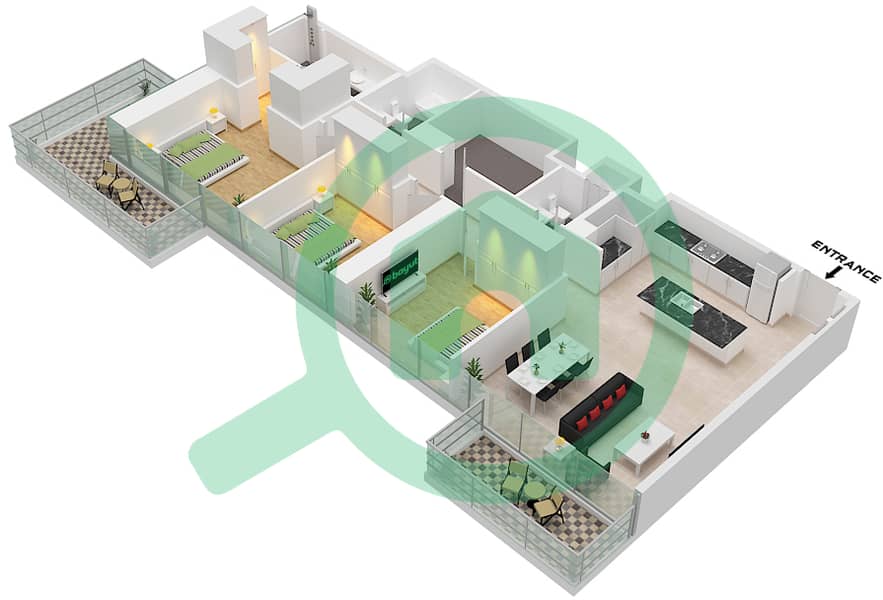 المخططات الطابقية لتصميم النموذج / الوحدة A / 6 FLOOR 17-30 شقة 3 غرف نوم - البيت العلوي الغربي Type A Unit 6 Floor 17-30 interactive3D