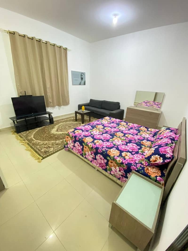 For rent an excellent furnished studio in Khalifa City, monthly, next to services, schools, and the bus station. Excellent location