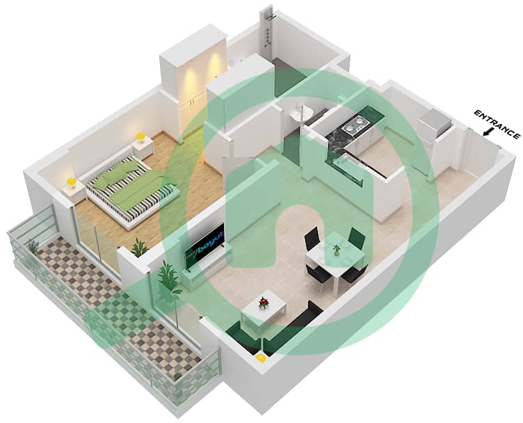 المخططات الطابقية لتصميم الوحدة 1 شقة 1 غرفة نوم - برج ماي ريزيدنس 1 Unit 1 interactive3D