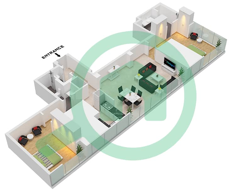 Вида Резиденции Дубай Марина - Апартамент 2 Cпальни планировка Тип/мера S,R / 1,2 FLOOR 07 S,R / Unit 1,2 Floor 07 interactive3D