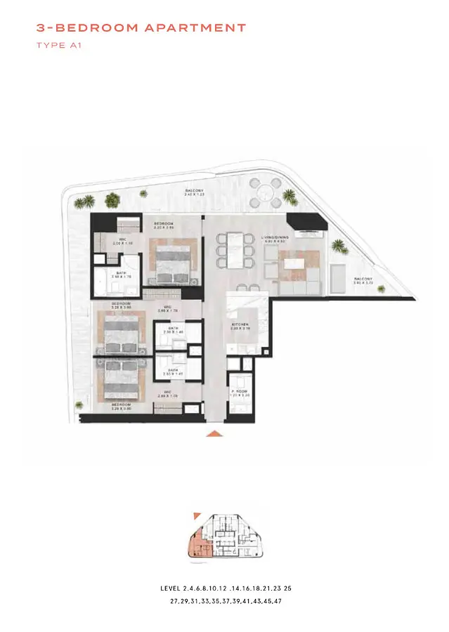 3 BR floor plan