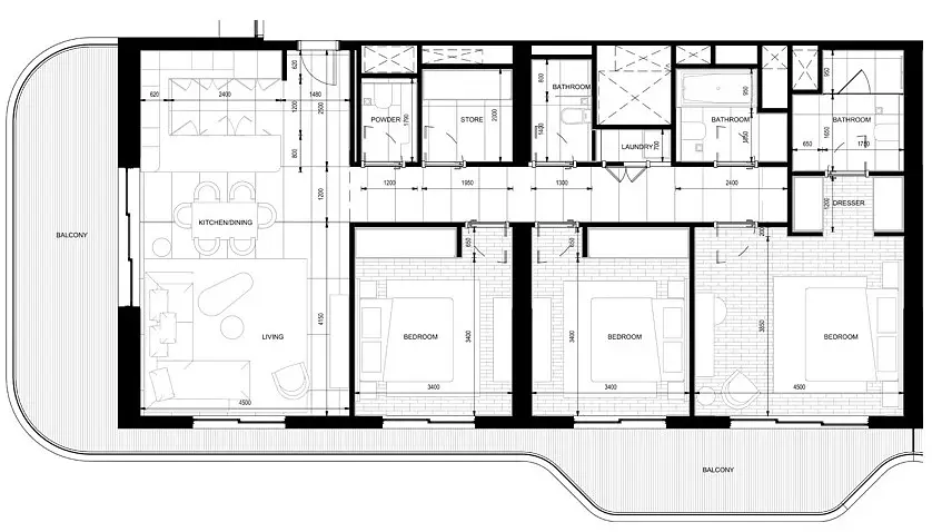 3 BR floor plan