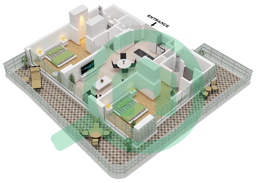 المخططات الطابقية لتصميم النموذج / الوحدة 3B / 19 شقة 2 غرفة نوم - جولف ريزيدنس Type 3B Unit 19 interactive3D