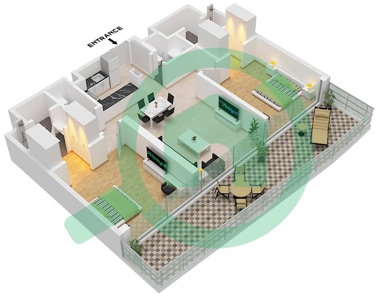 المخططات الطابقية لتصميم النموذج / الوحدة 1 / 13 شقة 2 غرفة نوم - جولف ريزيدنس Type 1 Unit 13 interactive3D