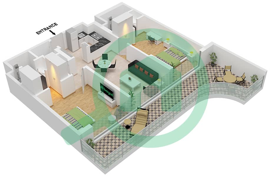 المخططات الطابقية لتصميم النموذج / الوحدة 3A / 01 شقة 2 غرفة نوم - جولف ريزيدنس Type 3A Unit  01 interactive3D