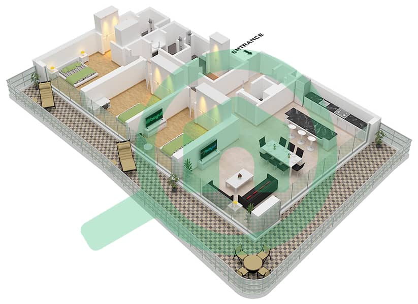 المخططات الطابقية لتصميم النموذج / الوحدة A / 16 شقة 3 غرف نوم - جولف ريزيدنس Type A Unit 16 interactive3D