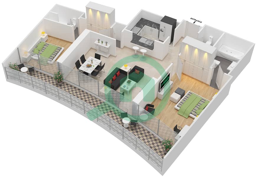 景观1号高塔 - 2 卧室公寓单位1 FLOOR-26-44,47-60戶型图 interactive3D