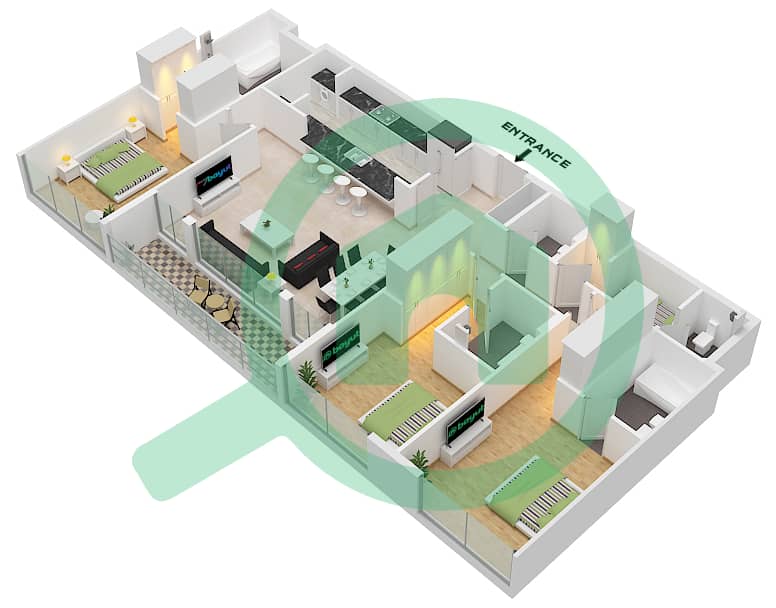 桑葚2号大厦B2 - 3 卧室公寓类型／单位T1A / 9,11戶型图 Block A 
Type T1A 
Unit A-9 Floor 6 
Unit A-11 Floor 2,4 interactive3D