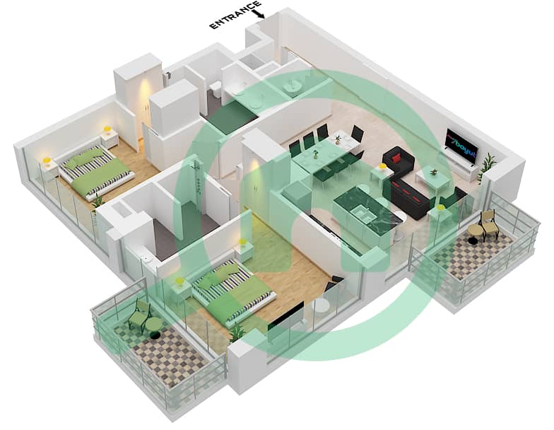 Nobu Residences - 2 Bedroom Apartment Type A FLOOR 1-8 Floor plan Floor 1-8 interactive3D