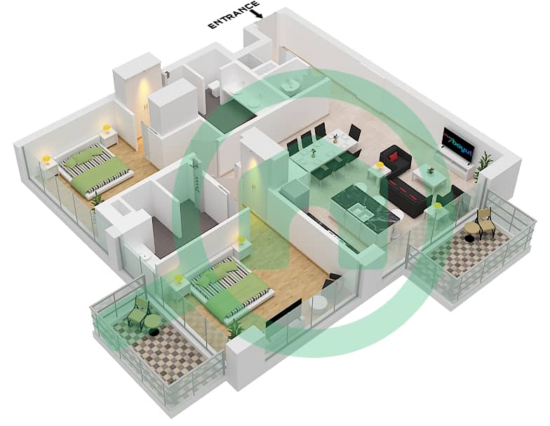 Нобу Резиденсес - Апартамент 2 Cпальни планировка Тип A FLOOR 1-8 Floor 1-8 interactive3D