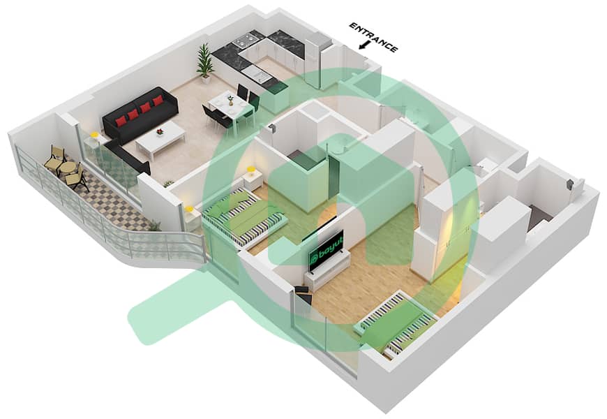 Гардения Бэй - Апартамент 2 Cпальни планировка Тип A MIDDLE Type A Middle interactive3D