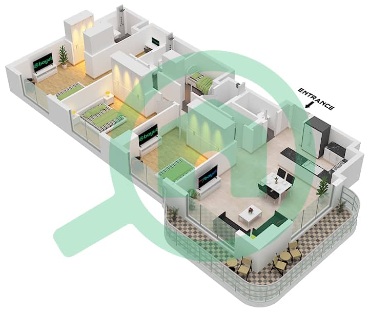 栀子湾 - 3 卧室公寓类型B CORNER戶型图 Type B Corner interactive3D