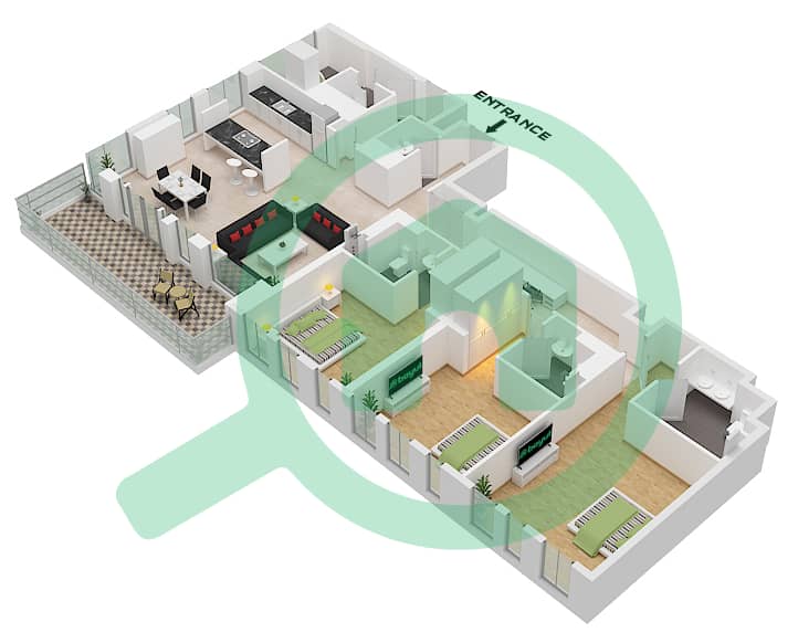 المخططات الطابقية لتصميم النموذج / الوحدة 1-1B / UNIT 3 FLOOR 1 شقة 3 غرف نوم - بلو واترز ريزيدنسز 8 Type 1-1B. / Unit 3 Floor 1 interactive3D