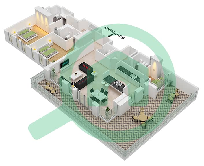 Здание Апартаментов 8 - Апартамент 2 Cпальни планировка Тип/мера 2-1.A / UNIT 4 FLOOR 1 Type 2-1.a / Unit 4 Floor 1 interactive3D