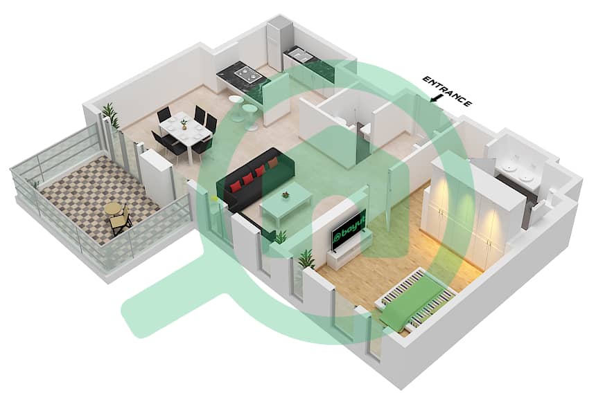 المخططات الطابقية لتصميم النموذج / الوحدة 2-1A / UNIT 5 FLOOR 1 شقة 1 غرفة نوم - بلو واترز ريزيدنسز 8 Type 2-1A / Unit 5 Floor 1 interactive3D