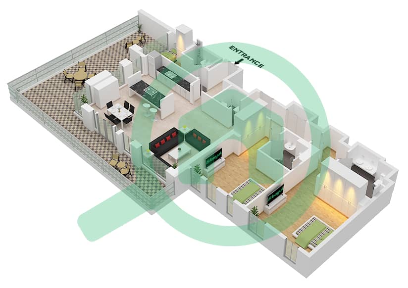 المخططات الطابقية لتصميم النموذج / الوحدة 2-1 / UNIT 6 FLOOR 1 شقة 2 غرفة نوم - بلو واترز ريزيدنسز 8 Type 2-1 / Unit 6 Floor 1 interactive3D