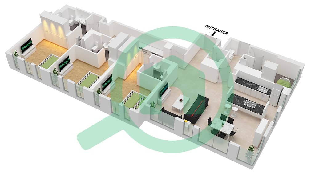 Bluewaters Residences 8 - 3 Bedroom Apartment Type/unit 1-1A / UNIT 1 FLOOR 2 Floor plan Type 1-1A / Unit 1 Floor 2 interactive3D