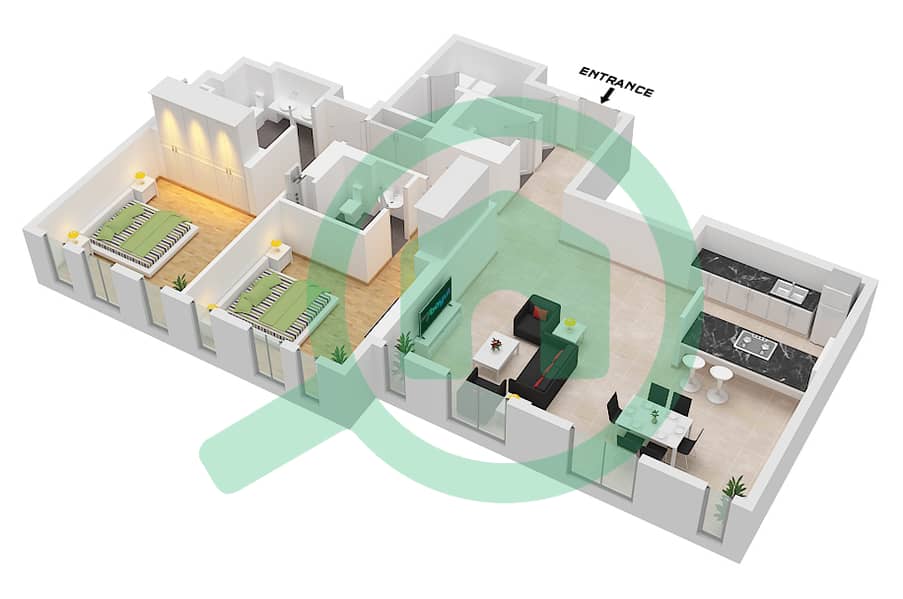 المخططات الطابقية لتصميم النموذج / الوحدة 8-1A / UNIT 2 FLOOR 2 شقة 2 غرفة نوم - بلو واترز ريزيدنسز 8 Type 8-1A / Unit 2 Floor 2 interactive3D