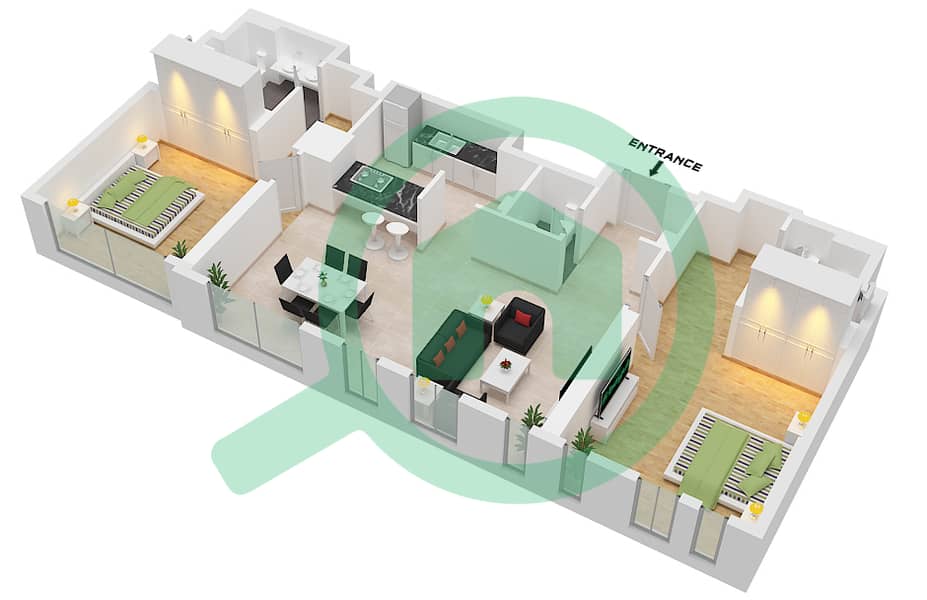 Здание Апартаментов 8 - Апартамент 2 Cпальни планировка Тип/мера 5-1A / UNIT 5 FLOOR 2 Type 5-1A / Unit 5 Floor 2 interactive3D