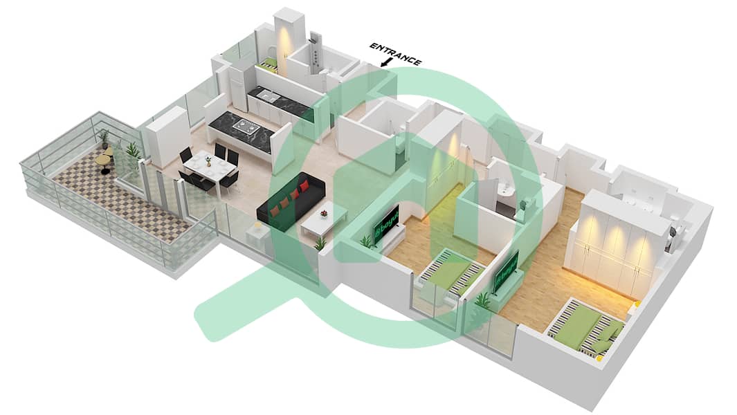 المخططات الطابقية لتصميم النموذج / الوحدة 2-1 / UNIT 6 FLOOR 2-14 شقة 2 غرفة نوم - بلو واترز ريزيدنسز 8 Type 2-1 / Unit 6 Floor 2-14 interactive3D