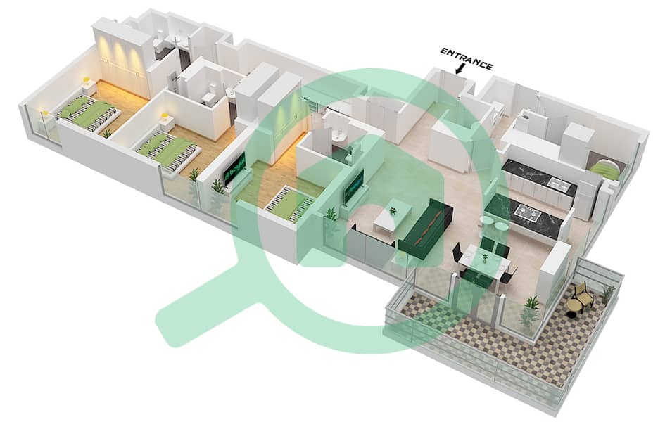 المخططات الطابقية لتصميم النموذج / الوحدة 1-1 / UNIT 1 FLOOR 3-14 شقة 3 غرف نوم - بلو واترز ريزيدنسز 8 Type 1-1 / Unit 1 Floor 3-14 interactive3D