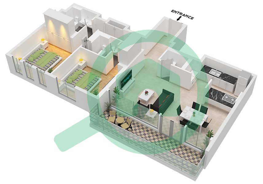 المخططات الطابقية لتصميم النموذج / الوحدة 7-1 / UNIT 2 FLOOR 10 شقة 2 غرفة نوم - بلو واترز ريزيدنسز 8 7-1 / Unit 2 Floor 10 interactive3D