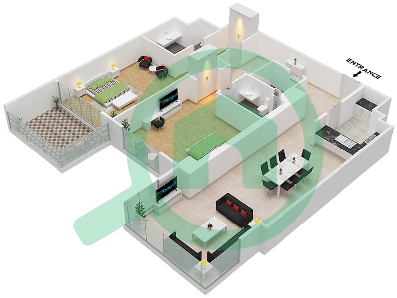 Резиденс JLT - Апартамент 2 Cпальни планировка Тип A interactive3D