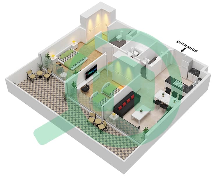 Плаза от Репортаж - Апартамент 2 Cпальни планировка Тип D / FLOOR GROUND-3 Type D Floor Ground Floor-3 interactive3D