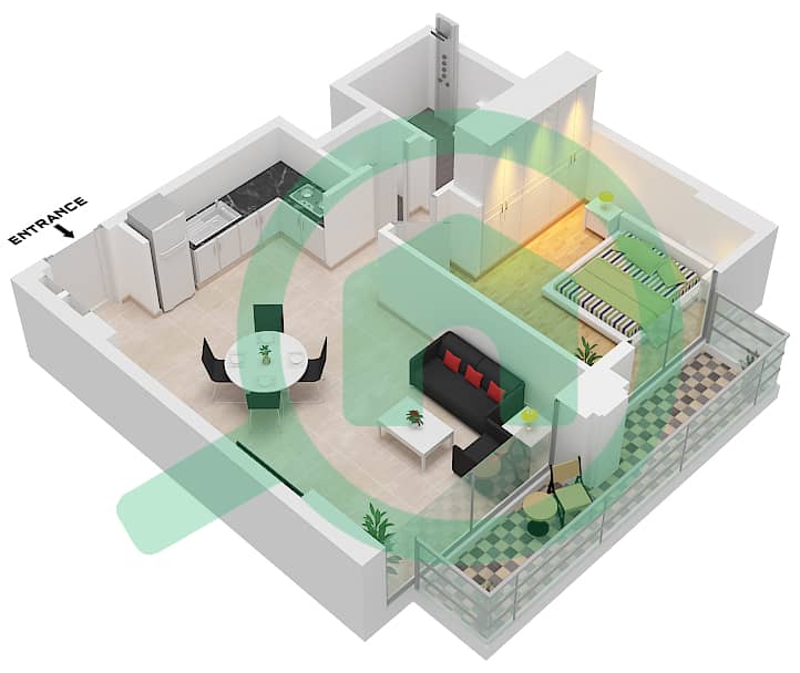 المخططات الطابقية لتصميم النموذج / الوحدة A3 / UNIT 3 FLOOR 1,3 شقة 1 غرفة نوم - سيلادون A3 / Unit 3 Floor 1,3 interactive3D