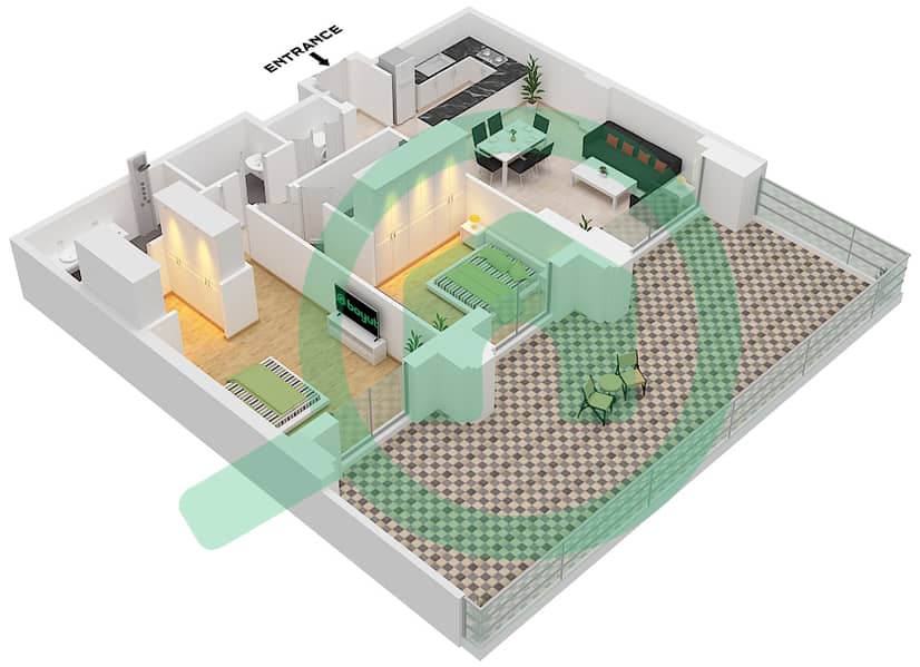 المخططات الطابقية لتصميم النموذج / الوحدة A1 / UNIT 3-4 FLOOR 1 شقة 2 غرفة نوم - سيلادون A1 / Unit 3-4 Floor 1 interactive3D
