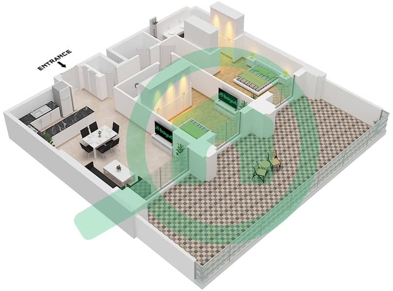 المخططات الطابقية لتصميم النموذج / الوحدة A2 / UNIT 4-6 FLOOR 1 شقة 2 غرفة نوم - سيلادون A2 / Unit 4-6 Floor 1 interactive3D