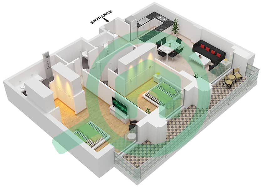 المخططات الطابقية لتصميم النموذج / الوحدة A3 / UNIT 5 FLOOR 2 شقة 2 غرفة نوم - سيلادون A3 / Unit 5 Floor 2 interactive3D