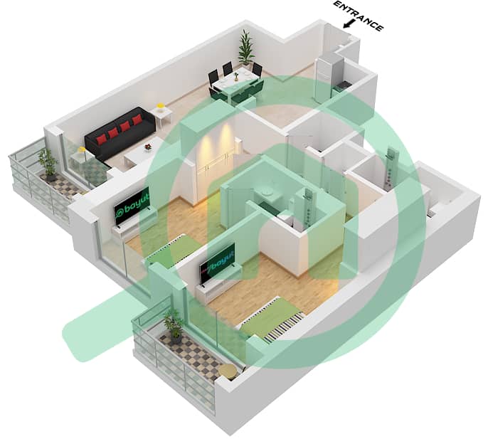 350 河畔新月 - 2 卧室公寓类型／单位B / UNIT XX08戶型图 B / Unit XX08 Floor 07,08,10-13,15-18,22-27,30-32,36-38,40,41,43-46,50-55,57,58,60,61 interactive3D
