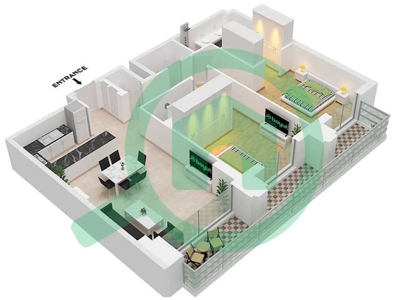 المخططات الطابقية لتصميم النموذج / الوحدة A4 / UNIT 6 FLOOR 2 شقة 2 غرفة نوم - سيلادون A4 / Unit 6 Floor 2 interactive3D
