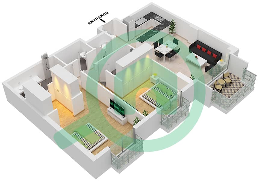 المخططات الطابقية لتصميم النموذج / الوحدة A5 / UNIT 5 FLOOR 3-5 شقة 2 غرفة نوم - سيلادون A5 / Unit 5 Floor 3-5 interactive3D