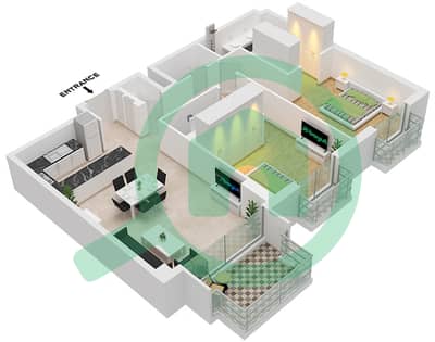 المخططات الطابقية لتصميم النموذج / الوحدة A6 / UNIT 6 FLOOR 3-5 شقة 2 غرفة نوم - سيلادون