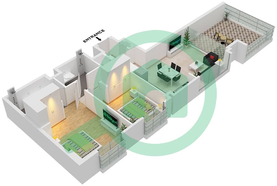 青花瓷综合大楼 - 2 卧室公寓类型／单位B1 / UNIT 7 FLOOR 1戶型图 B1 / Unit 7 Floor 1 interactive3D