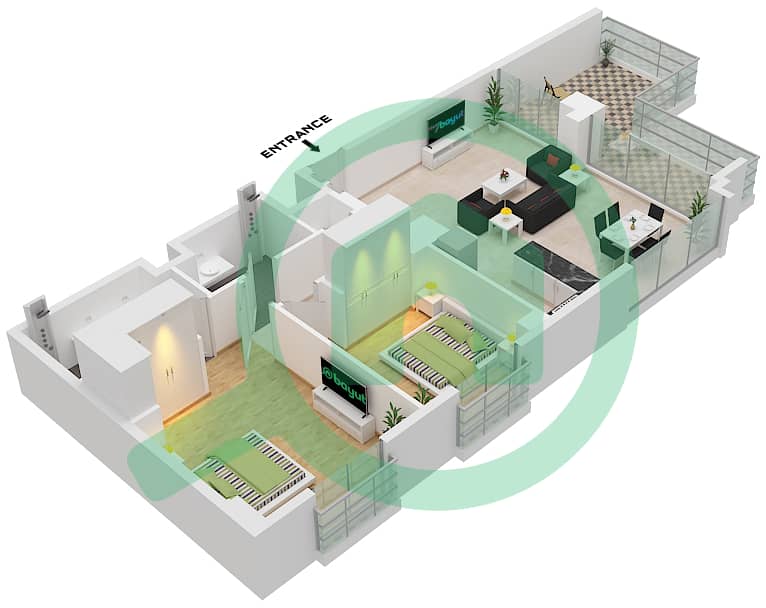 المخططات الطابقية لتصميم النموذج / الوحدة C1 / UNIT 4,6 FLOOR 6 شقة 2 غرفة نوم - سيلادون C1 / Unit 4,6 Floor 6 interactive3D