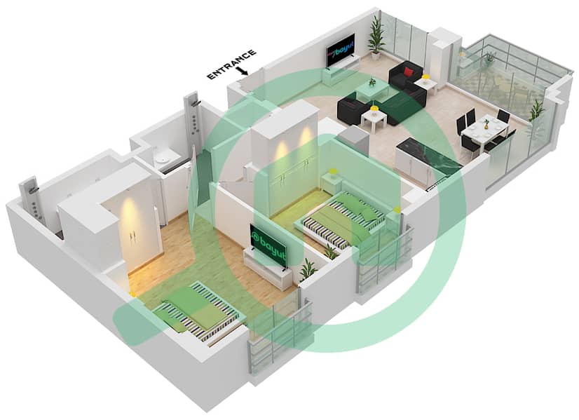 المخططات الطابقية لتصميم النموذج / الوحدة C2 / UNIT 4 ,6 FLOOR 7 شقة 2 غرفة نوم - سيلادون C2 / Unit 4 ,6 Floor 7 interactive3D
