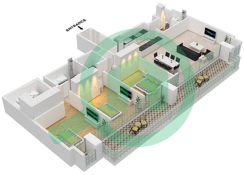 青花瓷综合大楼 - 3 卧室公寓类型／单位A1 / UNIT 5 FLOOR 6戶型图 A1 / Unit 5 Floor 6 interactive3D