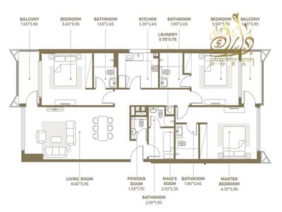 3 Cпальни Апартаменты Продажа в Аль Фурджан, Дубай - 3BR Layout. png