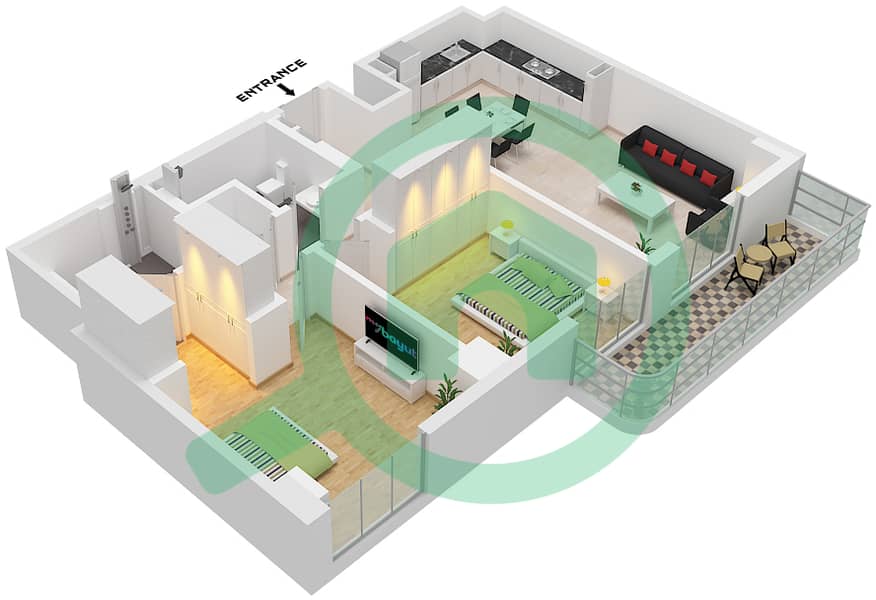 Bayline - 2 Bedroom Apartment Type/unit E / UNIT 1,18 FLOOR 2-8 Floor plan Type E 
Unit 1 Floor 2-8
Unit 18 Floor 2-6 interactive3D